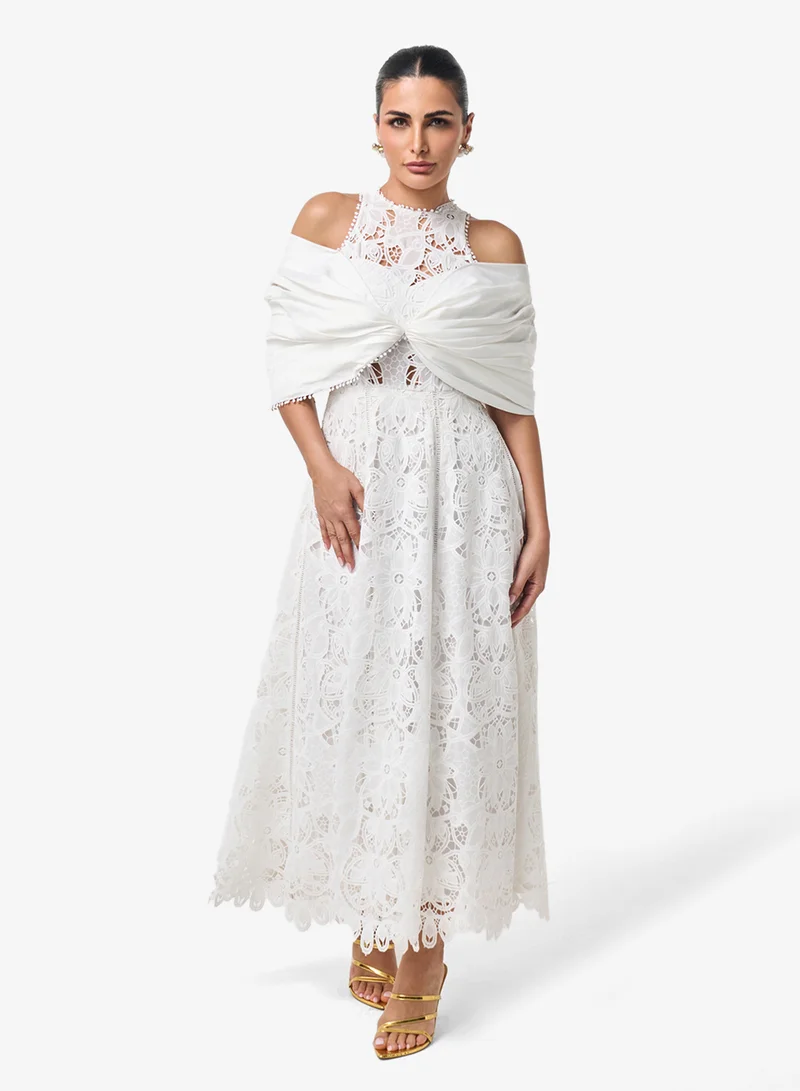 Threadz by Ajooni  Lace Cold Shoulder Maxi Dress for Women | Best Price UAE