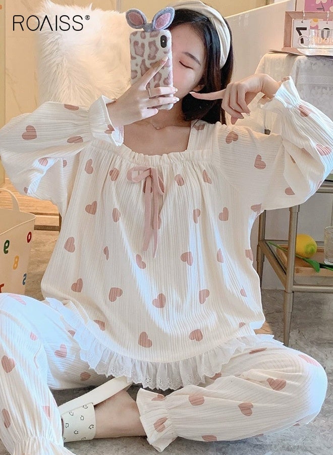 رويس طقم بيجامة نسائي مريح مطبوع عليه قلب، مكون من بلوزة ناعمة بأكمام طويلة وبنطلون برقبة مربعة وحاشية مكشكشة، ملابس مريحة ولطيفة للخريف والشتاء، قماش قابل للغسل في الغسالة - Image 1