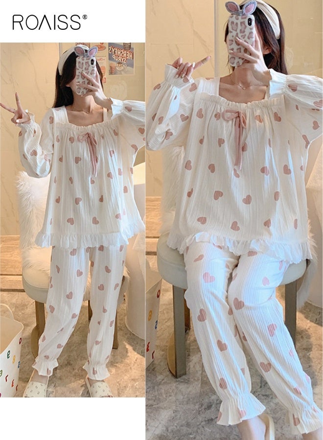 رويس طقم بيجامة نسائي مريح مطبوع عليه قلب، مكون من بلوزة ناعمة بأكمام طويلة وبنطلون برقبة مربعة وحاشية مكشكشة، ملابس مريحة ولطيفة للخريف والشتاء، قماش قابل للغسل في الغسالة - Image 5