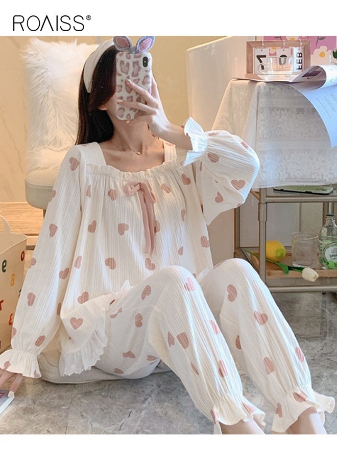رويس طقم بيجامة نسائي مريح مطبوع عليه قلب، مكون من بلوزة ناعمة بأكمام طويلة وبنطلون برقبة مربعة وحاشية مكشكشة، ملابس مريحة ولطيفة للخريف والشتاء، قماش قابل للغسل في الغسالة - Image 4