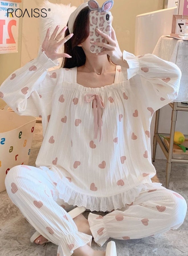 رويس طقم بيجامة نسائي مريح مطبوع عليه قلب، مكون من بلوزة ناعمة بأكمام طويلة وبنطلون برقبة مربعة وحاشية مكشكشة، ملابس مريحة ولطيفة للخريف والشتاء، قماش قابل للغسل في الغسالة - Image 3