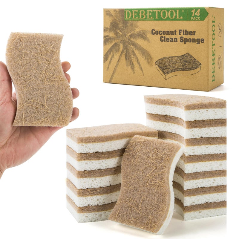 DEBETOOL Natural Kitchen Sponge EcoFriendly Dish Sponge for Kitchen  Biodegradable Cellulose and Coconut Scrubber Pack of 14 Household Cleaning Sponge for Dishes White