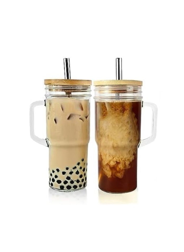 OASIS-TH 2-Piece Glass Cup Set,24 oz Coffee Mug With Lid And Stainless  Straw,Iced Coffee Glasses,Cute Tumbler Cup,Ideal For Coffee,Cola,juice,Gift  - Image 1