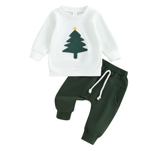 BemeyourBBs Toddler Baby Boy Christmas Outfit Christmas Tree Crewneck Sweatshirt Jogger Pants Set Infant Cute Fall Winter Clothes christmas tree green 12-18 Months - Image 1