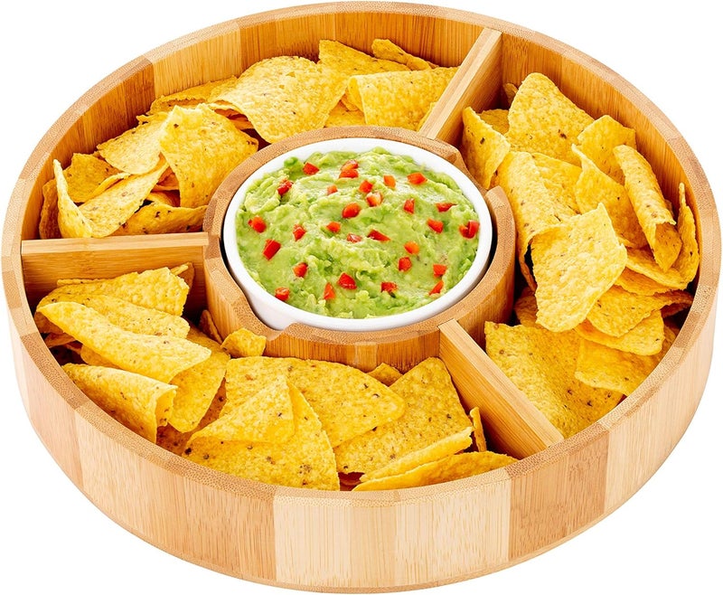 Strova Chip and Dip Serving Bowl – Wooden Appetizer Platter Set with Dip Cup for Salsa, Guacamole, Nacho, Vegetables, Taco Chip, Snacks and More – 12 Inch Diameter. Perfect for the BIG GAMES ! - Image 2