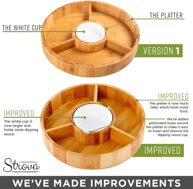 Strova Chip and Dip Serving Bowl – Wooden Appetizer Platter Set with Dip Cup for Salsa, Guacamole, Nacho, Vegetables, Taco Chip, Snacks and More – 12 Inch Diameter. Perfect for the BIG GAMES ! - Image 3
