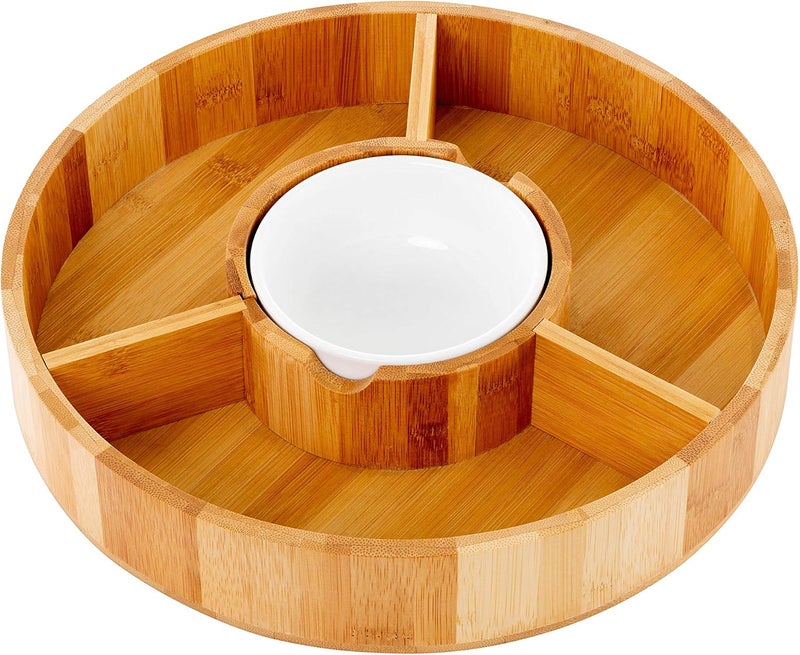 Strova Chip and Dip Serving Bowl – Wooden Appetizer Platter Set with Dip Cup for Salsa, Guacamole, Nacho, Vegetables, Taco Chip, Snacks and More – 12 Inch Diameter. Perfect for the BIG GAMES ! - Image 1