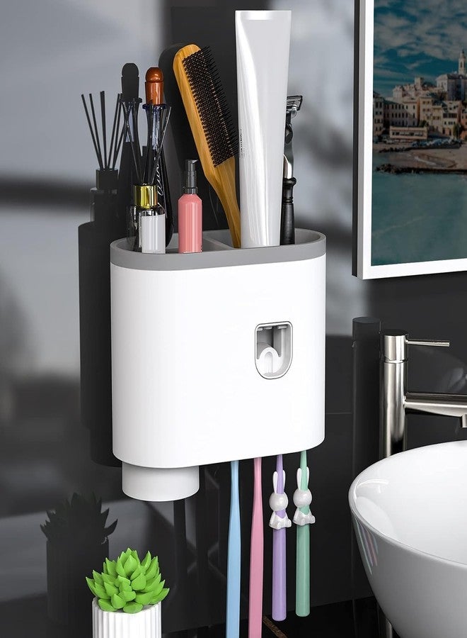 PRAMANTA Wall Mounted Toothbrush Holder with Toothpaste Dispenser for Bathroom Storage Tray Cosmetic Organizer and 4 Brush Slots (1Pcs) (1 Cup) - Image 1