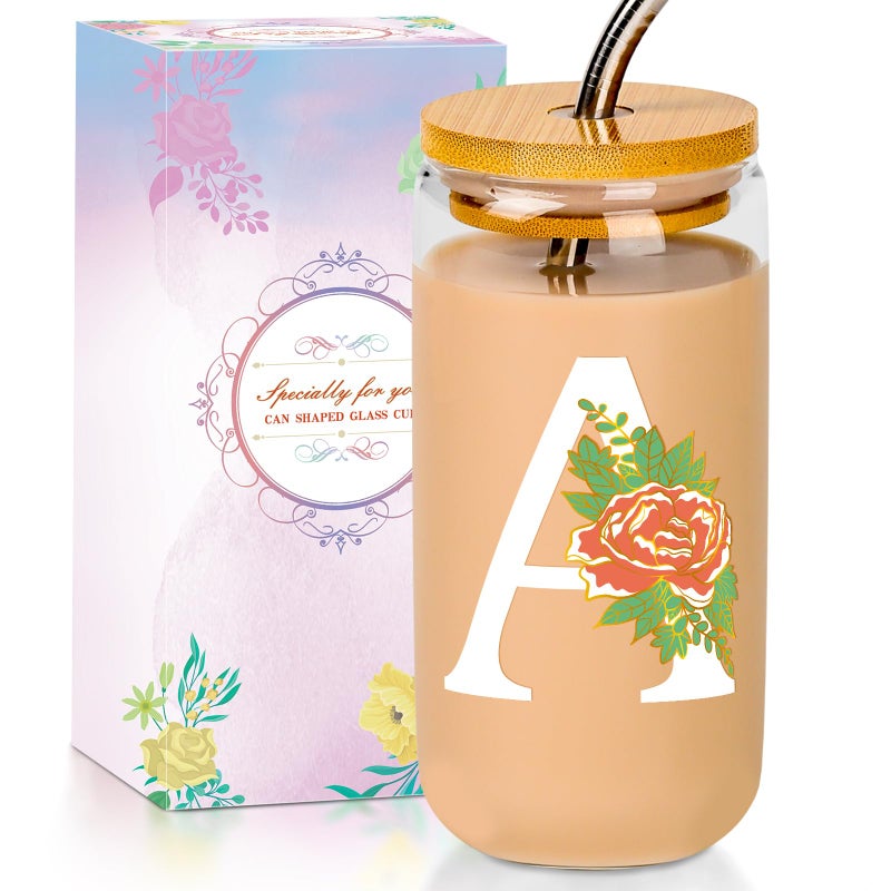 SENTVEND Initial Glass Cup with Lid and Straw Colorchanging Monogrammed Gifts for Women 16 oz Iced Coffee Drinking Glass Tumbler Personalized Christmas Thanksgiving Birthday Gifts for Women Her Mom - Image 2
