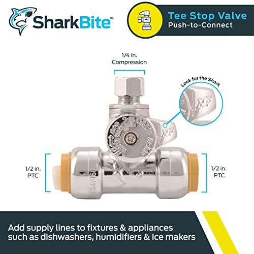 SharkBite 1/2 x 1/2 x 1/4 Inch Compression Tee Stop Valve, Push to Connect Brass Plumbing Fitting, PEX Pipe, Copper, CPVC, PE-RT, HDPE, 24983A - Image 2