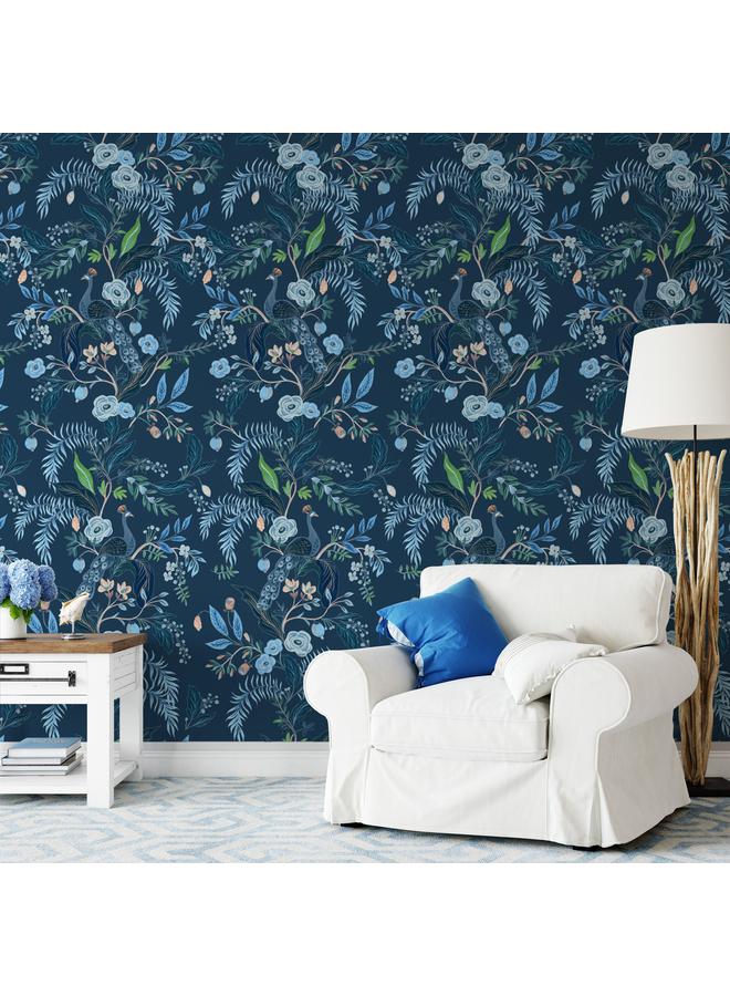 Bluejw Multi-element Flowers Peacock White Blue Self-adhesive Wallpaper Wallpaper Removable Transformation Mural - Image 5