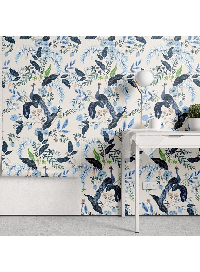 Bluejw Multi-element Flowers Peacock White Blue Self-adhesive Wallpaper Wallpaper Removable Transformation Mural - Image 2