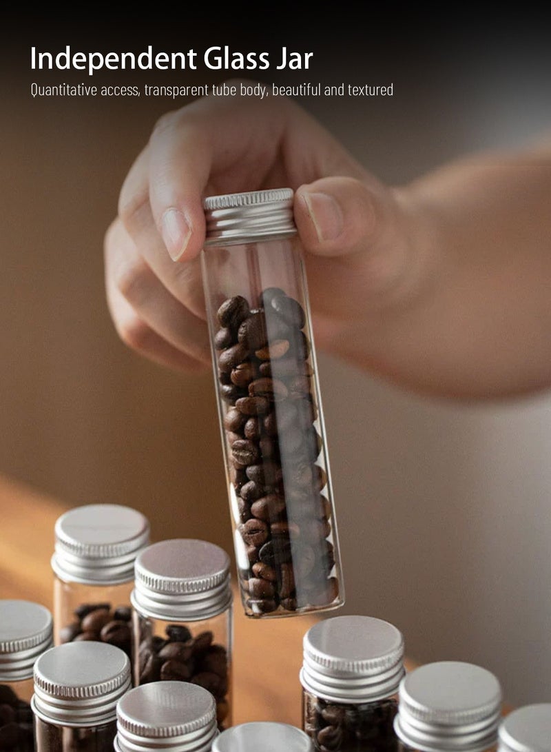 EqiEch Single Dose Coffee Bean Storage Tubes 14 Pcs with Lids and Wooden Stand, Dosing Glass Vials for Coffee Bean Storage and Display - Image 3