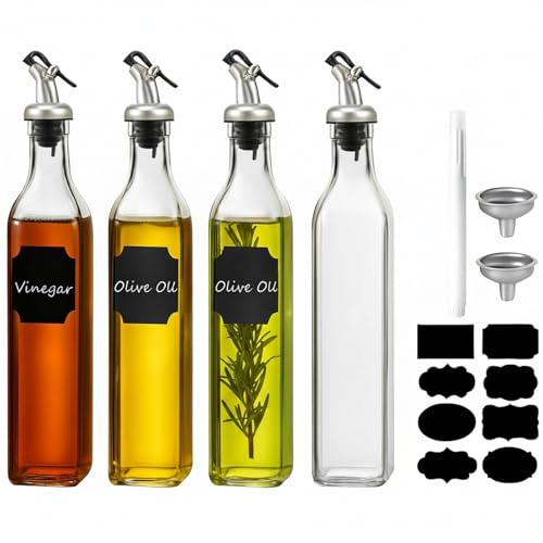 WERTIOO Olive Oil Dispenser Bottle,4Pack 17 OZ Glass Oil Dispenser for Kitchen with 4 Pourer,1 Stainless Steel Funnel & 1 Pen and 8 Label for Kitchen (500ml) - Image 1