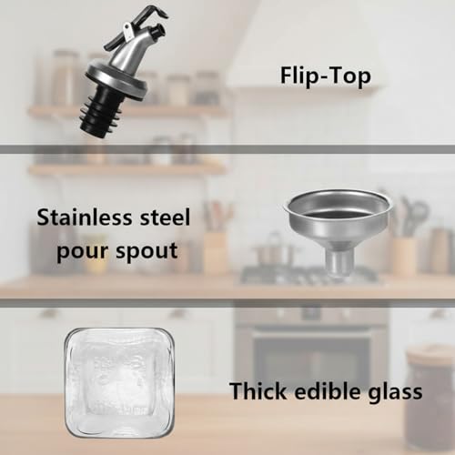 WERTIOO Olive Oil Dispenser Bottle,4Pack 17 OZ Glass Oil Dispenser for Kitchen with 4 Pourer,1 Stainless Steel Funnel & 1 Pen and 8 Label for Kitchen (500ml) - Image 4