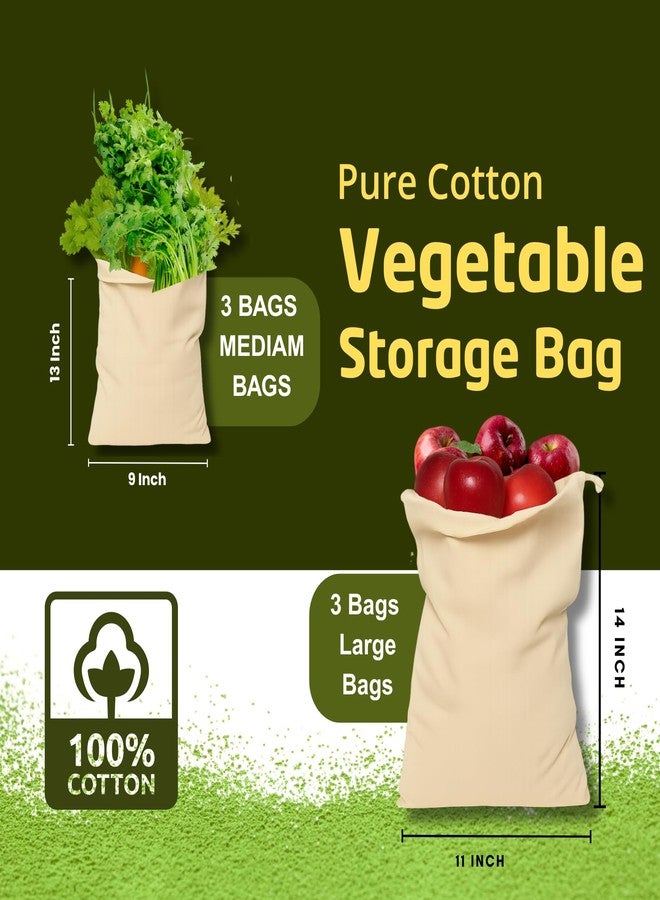 KITDAO KITCHENDAO Cotton Muslin Fridge Storage Bags For Vegetables And Fruits Kitchen Washable, Reusable, Multipurpose Storage And Straining Bags (14 * 11inch) (3 Medium bag + 3 Large bag) - Image 2