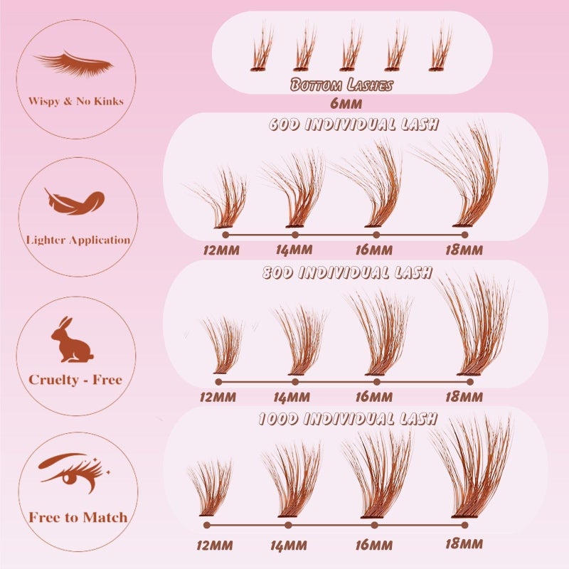 Outopen Brown Lash Clusters Extension Kit, Thick Volume Brown Cluster Lashes with Bottom Lashes 339PCS Cluster Lashes 12-18mm Mix Curl Individual Lashes Kit with Tweezer Lash Glue for Beginner Home DIY Salon - Image 3