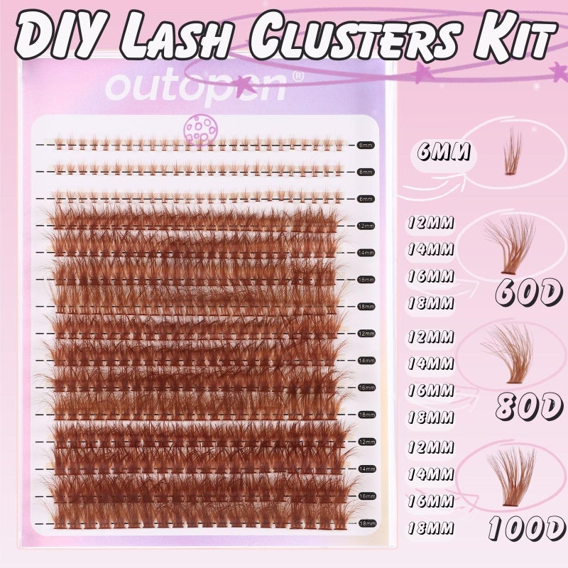 Outopen Brown Lash Clusters Extension Kit, Thick Volume Brown Cluster Lashes with Bottom Lashes 339PCS Cluster Lashes 12-18mm Mix Curl Individual Lashes Kit with Tweezer Lash Glue for Beginner Home DIY Salon - Image 2
