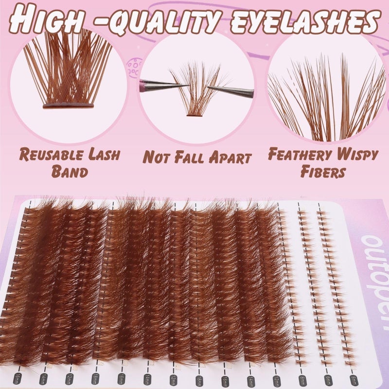 Outopen Brown Lash Clusters Extension Kit, Thick Volume Brown Cluster Lashes with Bottom Lashes 339PCS Cluster Lashes 12-18mm Mix Curl Individual Lashes Kit with Tweezer Lash Glue for Beginner Home DIY Salon - Image 4
