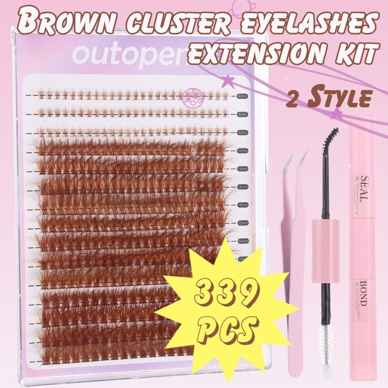 Outopen Brown Lash Clusters Extension Kit, Thick Volume Brown Cluster Lashes with Bottom Lashes 339PCS Cluster Lashes 12-18mm Mix Curl Individual Lashes Kit with Tweezer Lash Glue for Beginner Home DIY Salon - Image 5