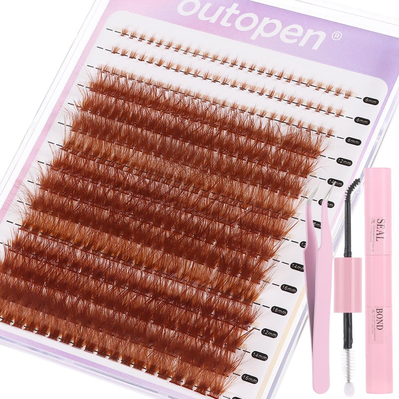Outopen Brown Lash Clusters Extension Kit, Thick Volume Brown Cluster Lashes with Bottom Lashes 339PCS Cluster Lashes 12-18mm Mix Curl Individual Lashes Kit with Tweezer Lash Glue for Beginner Home DIY Salon - Image 1