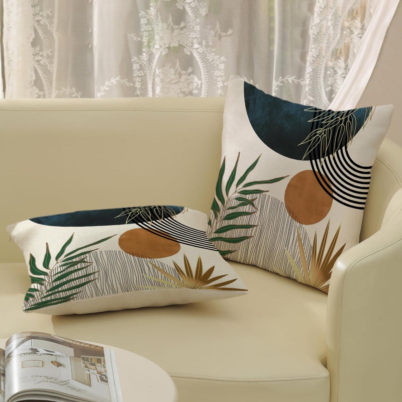 GOLIANDA Boho Pillow Covers 18x18 Set of 2 Green Gold Navy Blue Throw Pillows Tropical Leaves Sunset Decor Modern Mid Century Pillowcase Outdoor Decorations Bohemian Linen Cushion Case for Couch Sofa - Image 4