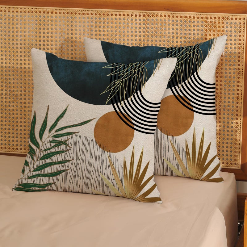 GOLIANDA Boho Pillow Covers 18x18 Set of 2 Green Gold Navy Blue Throw Pillows Tropical Leaves Sunset Decor Modern Mid Century Pillowcase Outdoor Decorations Bohemian Linen Cushion Case for Couch Sofa - Image 2