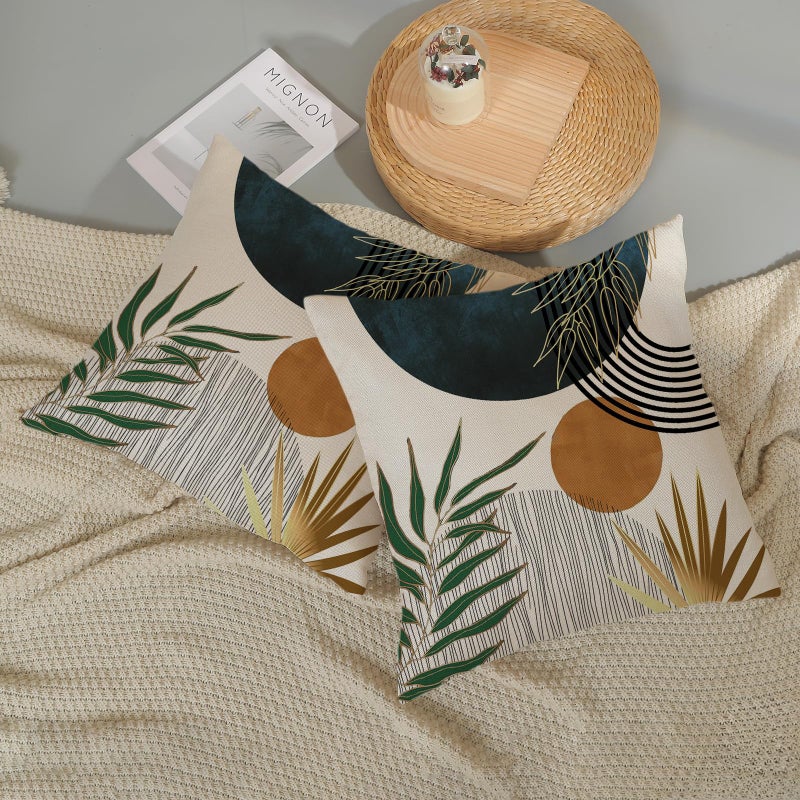 GOLIANDA Boho Pillow Covers 18x18 Set of 2 Green Gold Navy Blue Throw Pillows Tropical Leaves Sunset Decor Modern Mid Century Pillowcase Outdoor Decorations Bohemian Linen Cushion Case for Couch Sofa - Image 5
