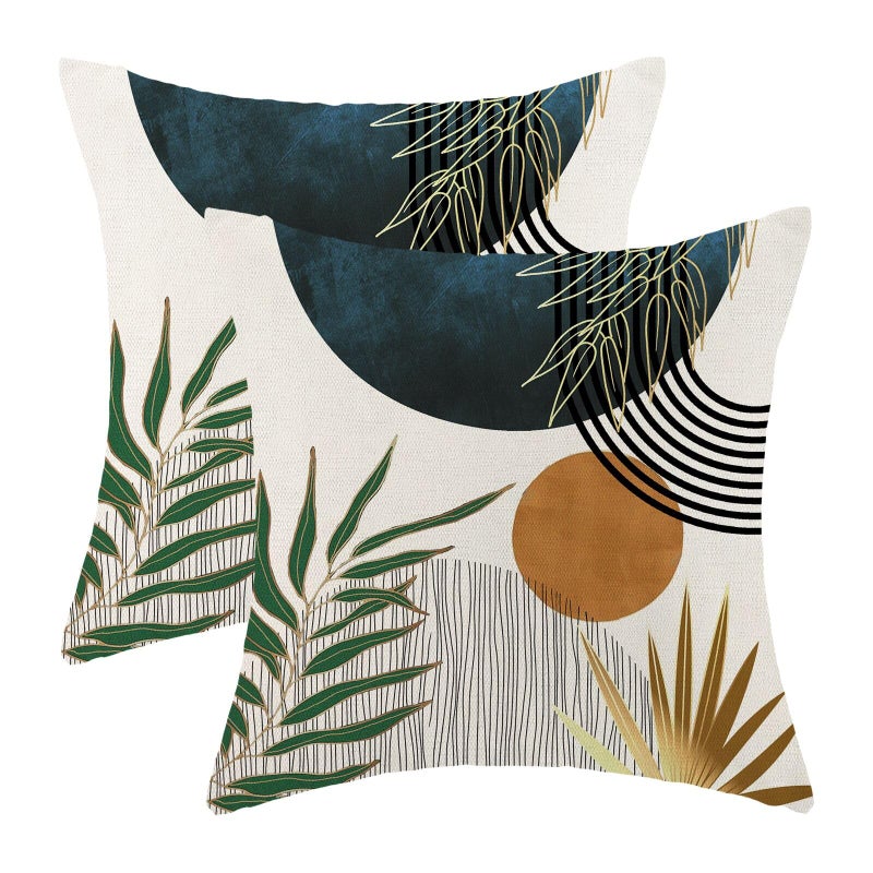 GOLIANDA Boho Pillow Covers 18x18 Set of 2 Green Gold Navy Blue Throw Pillows Tropical Leaves Sunset Decor Modern Mid Century Pillowcase Outdoor Decorations Bohemian Linen Cushion Case for Couch Sofa - Image 1