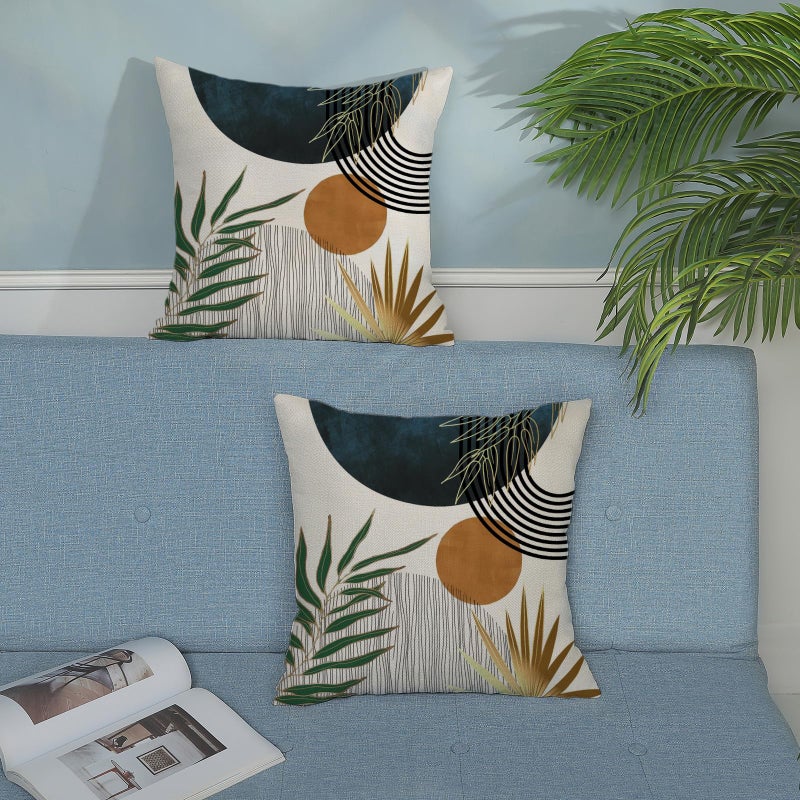 GOLIANDA Boho Pillow Covers 18x18 Set of 2 Green Gold Navy Blue Throw Pillows Tropical Leaves Sunset Decor Modern Mid Century Pillowcase Outdoor Decorations Bohemian Linen Cushion Case for Couch Sofa - Image 3
