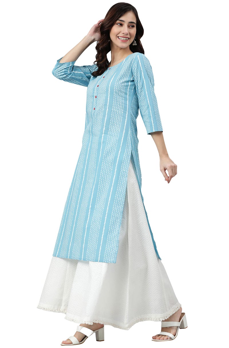Janasya Women's Blue Cotton Striped Straight Kurta(JNE3787-KR-J-L) - Image 3