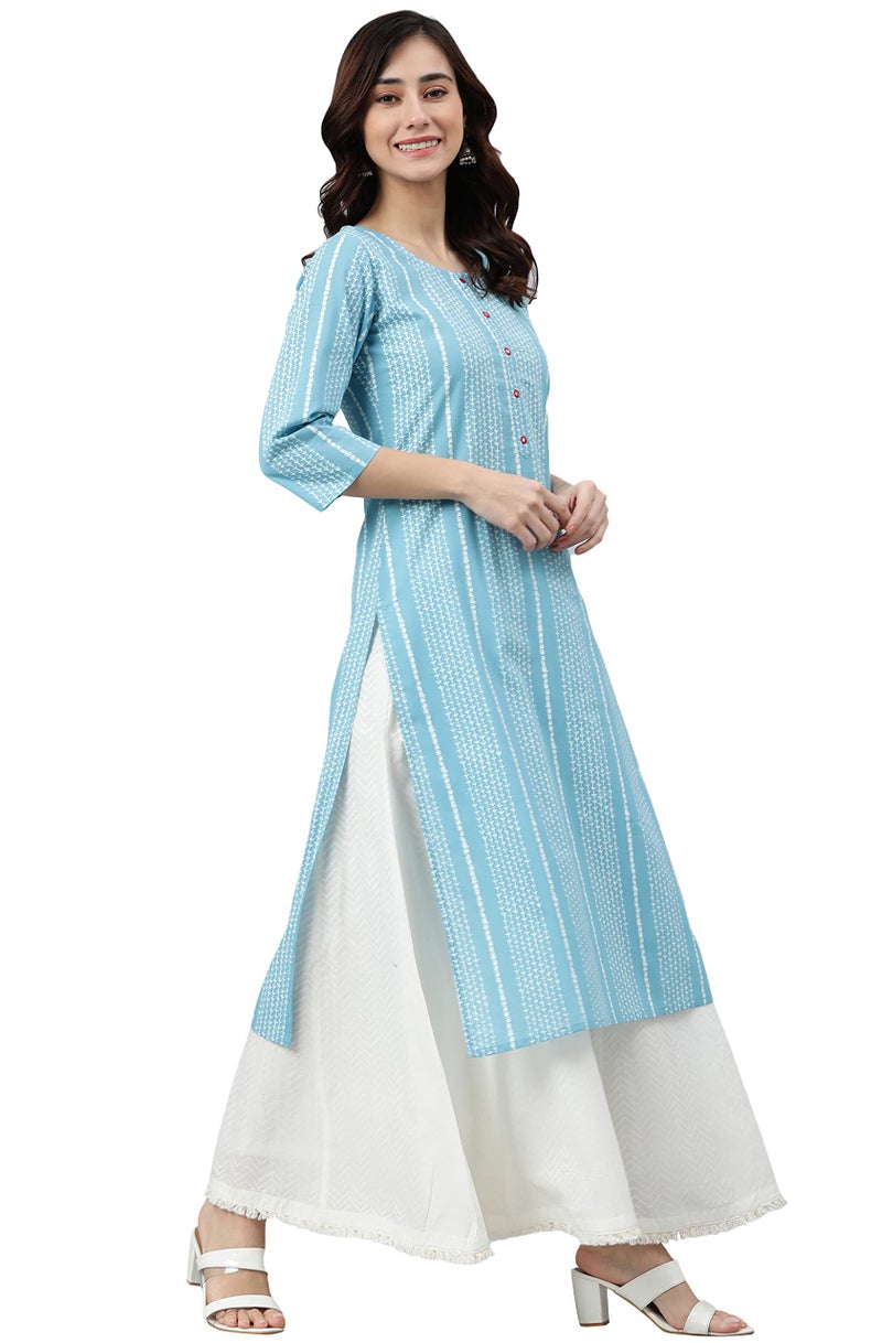Janasya Women's Blue Cotton Striped Straight Kurta(JNE3787-KR-J-L) - Image 2
