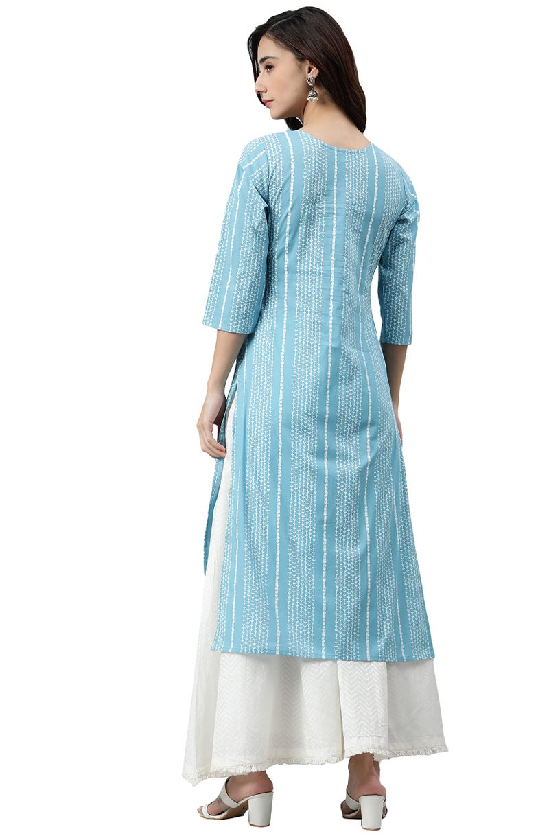 Janasya Women's Blue Cotton Striped Straight Kurta(JNE3787-KR-J-L) - Image 4