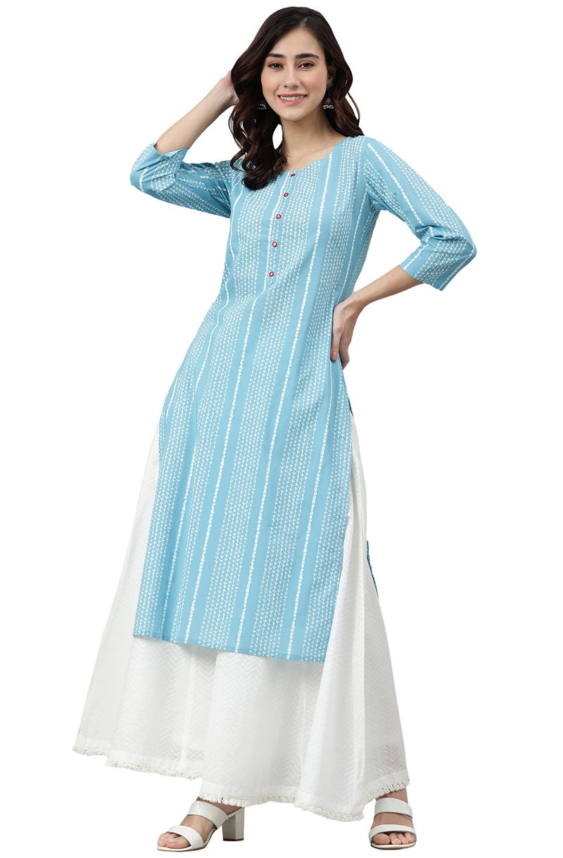 Janasya Women's Blue Cotton Striped Straight Kurta(JNE3787-KR-J-L) - Image 1