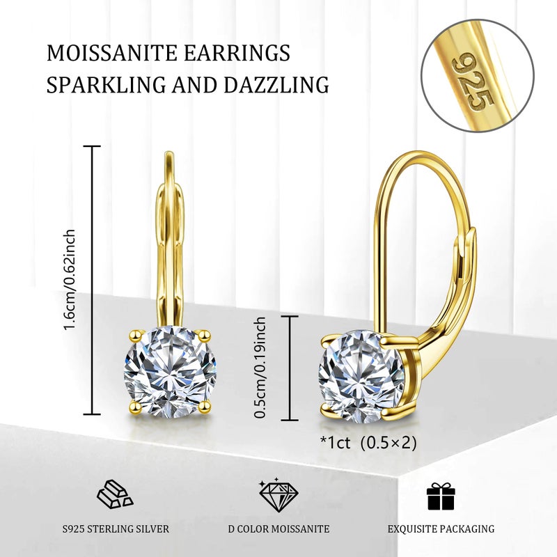 Lancharmed Moissanite Earrings, Gold Dangle Earrings for Women, 0.5/1.0ct D Color Cut Lab Created French Ear Hook Leverback Gold Moissanite Drop Earring for Women - Image 2
