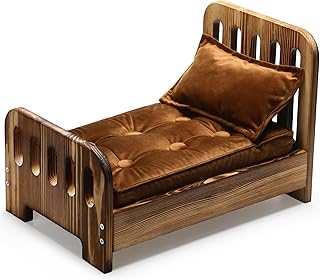 DoubleFill Brown Doll Photography Props Wooden Bed Vintage Doll Bed with Mattress and Pillow for Photoshoot Pretend - Image 1