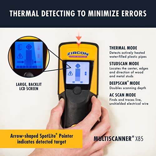 Zircon x85 Center Finding Stud Finder with AC Live Wire Detection and Thermal Wall Scanner for Detecting Water-Filled PEX Tubing up to 2 inches Deep - Image 3