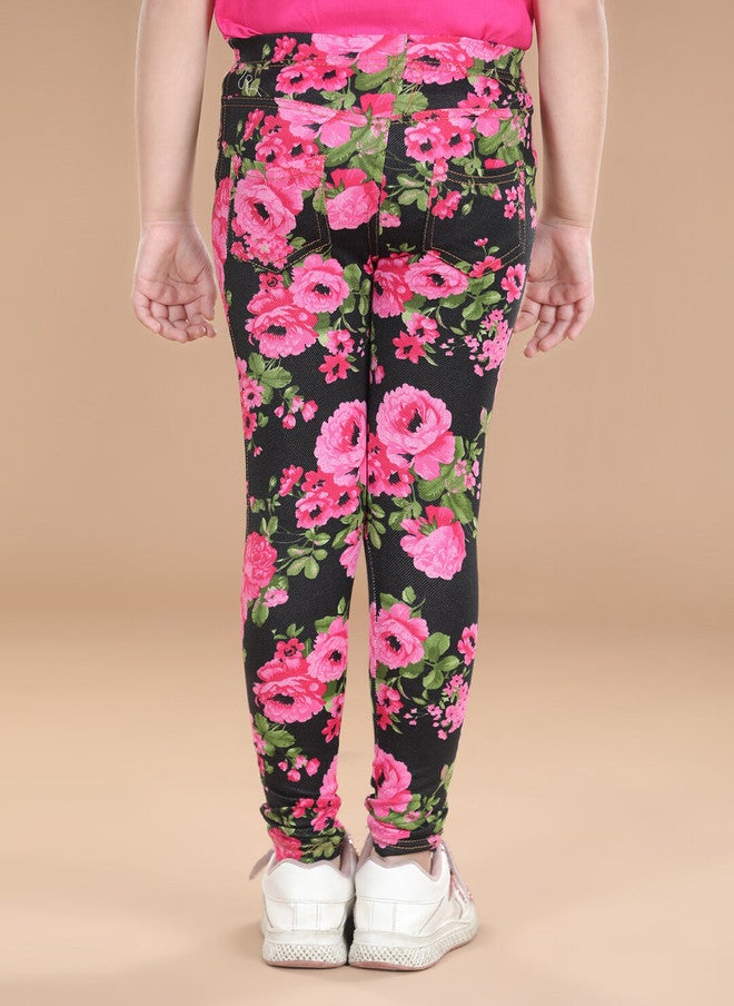 StyleStone Girls Black & Pink Printed Cotton Jeggings - Image 3