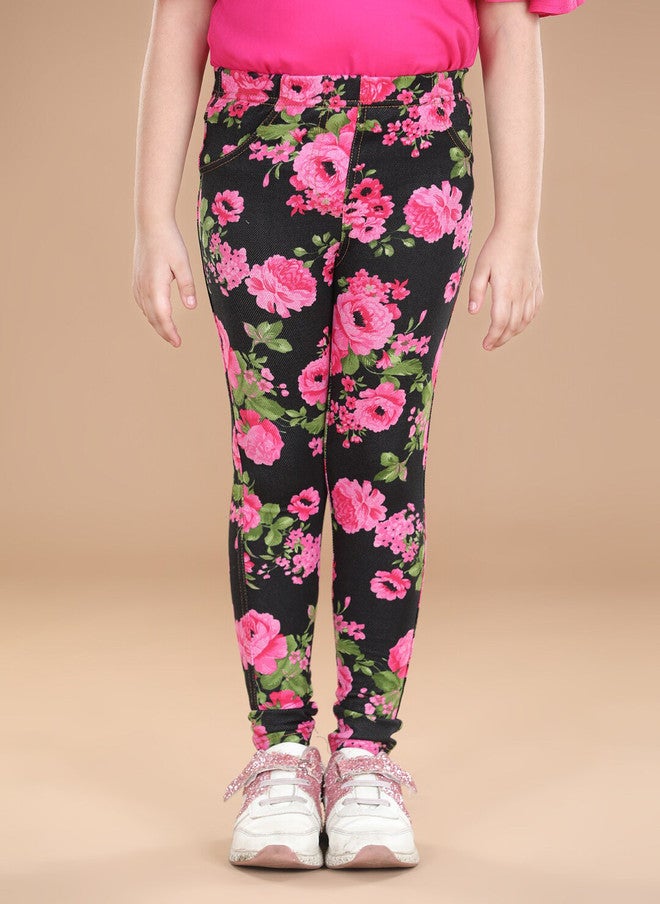 StyleStone Girls Black & Pink Printed Cotton Jeggings - Image 1