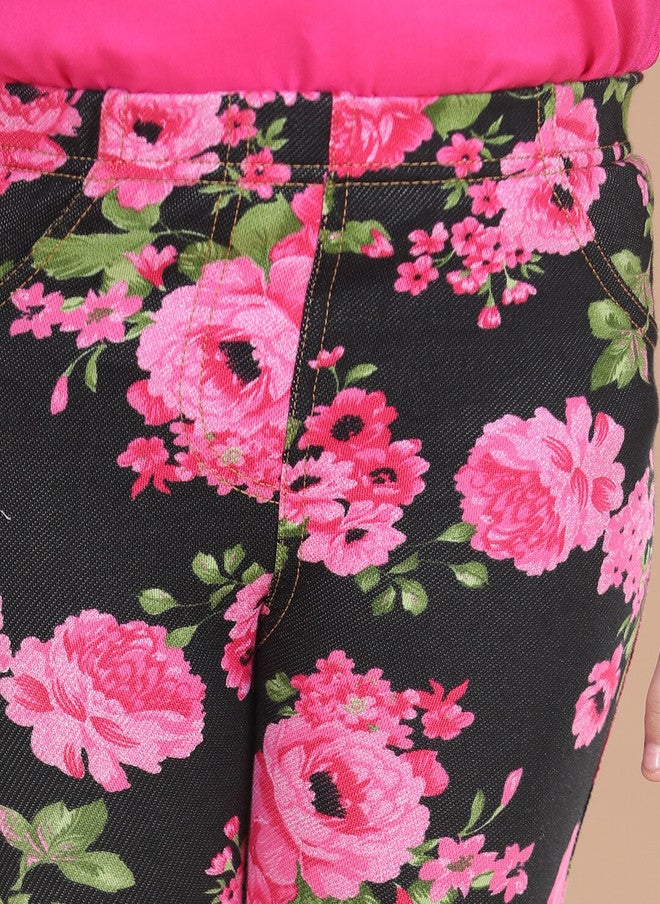 StyleStone Girls Black & Pink Printed Cotton Jeggings - Image 5