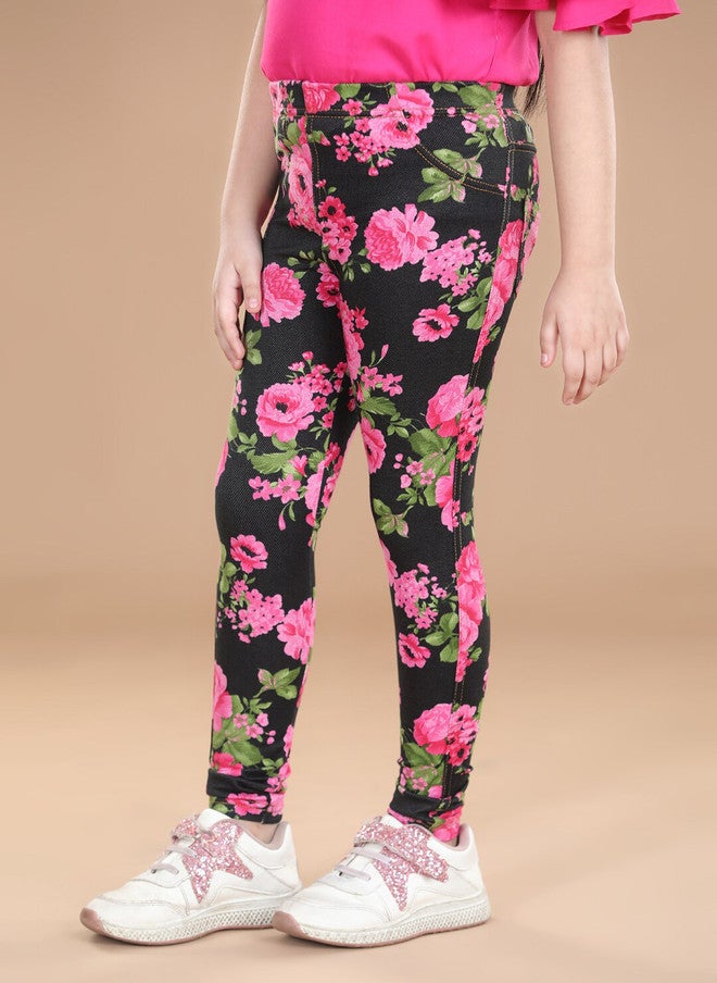 StyleStone Girls Black & Pink Printed Cotton Jeggings - Image 2