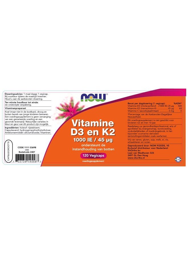 now Foods Vitamin D-3 & K-2-120 Veg Capsules - Image 2