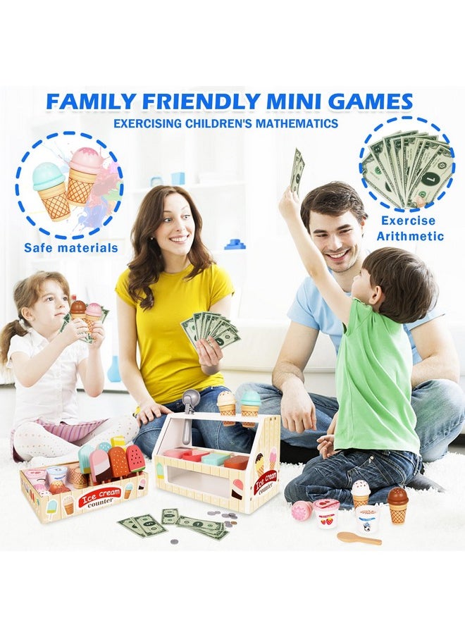Agirlgle - Ice Cream Counter Playset For Kids, Montessori Pretend Play Food Toys Kitchen Accessories Wooden Popsicle Set With Scoop & Fake Cash,Ice Cream Shop Toys Toddler Learning Toy For Kids - Image 1