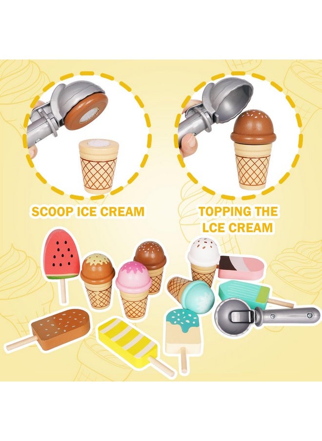 Agirlgle - Ice Cream Counter Playset For Kids, Montessori Pretend Play Food Toys Kitchen Accessories Wooden Popsicle Set With Scoop & Fake Cash,Ice Cream Shop Toys Toddler Learning Toy For Kids - Image 1