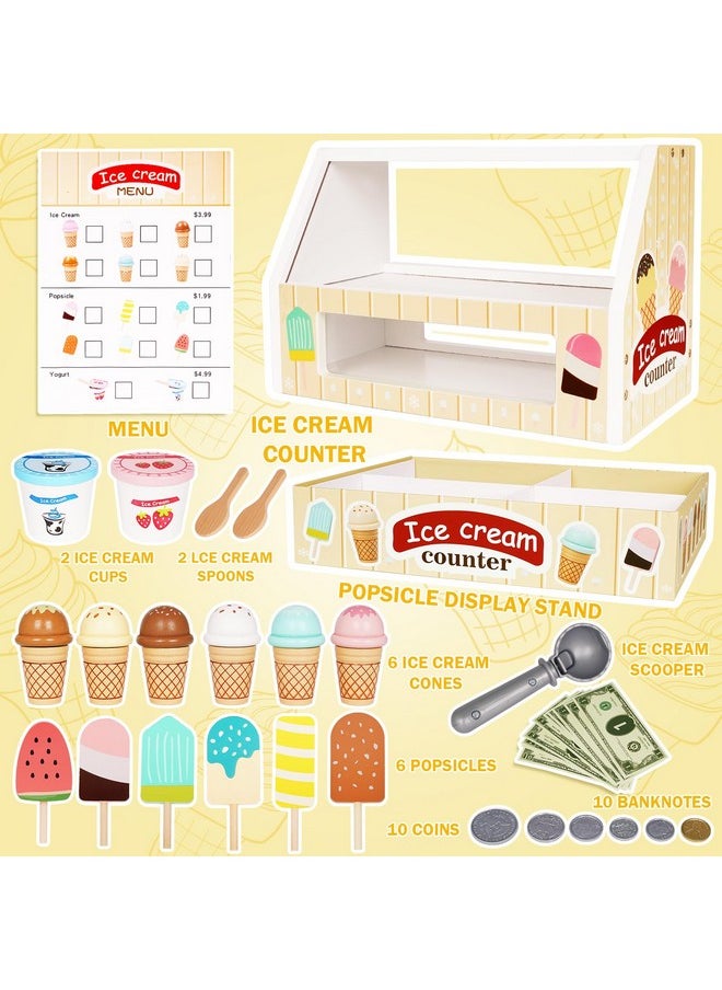 Agirlgle - Ice Cream Counter Playset For Kids, Montessori Pretend Play Food Toys Kitchen Accessories Wooden Popsicle Set With Scoop & Fake Cash,Ice Cream Shop Toys Toddler Learning Toy For Kids - Image 1