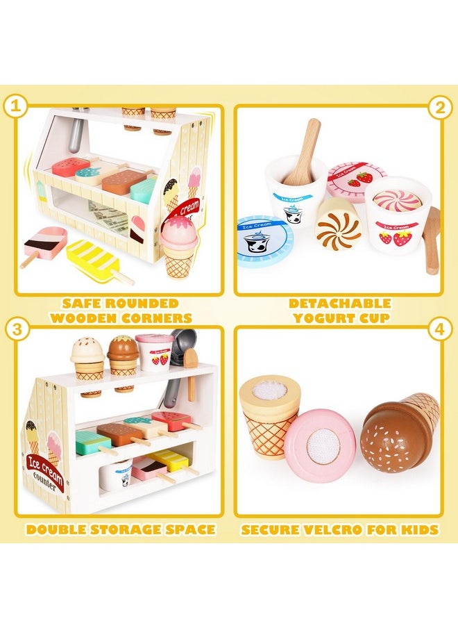 Agirlgle - Ice Cream Counter Playset For Kids, Montessori Pretend Play Food Toys Kitchen Accessories Wooden Popsicle Set With Scoop & Fake Cash,Ice Cream Shop Toys Toddler Learning Toy For Kids - Image 1