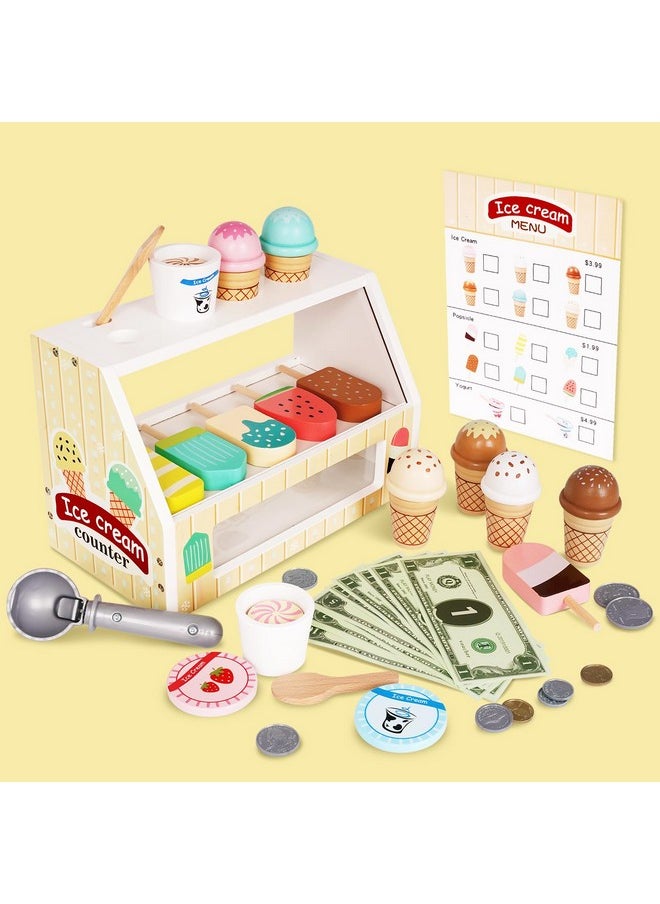Agirlgle - Ice Cream Counter Playset For Kids, Montessori Pretend Play Food Toys Kitchen Accessories Wooden Popsicle Set With Scoop & Fake Cash,Ice Cream Shop Toys Toddler Learning Toy For Kids - Image 1