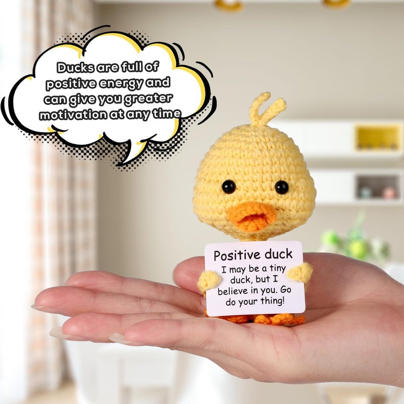 Happy Threads Pocket Duck Plush with Inspirational Message Card, Handmade Crochet Emotional Support Keepsake, Cute Desk & Shelf Décor, Small Cheer-Up Gift for Friends, Kids & Partners - Image 2