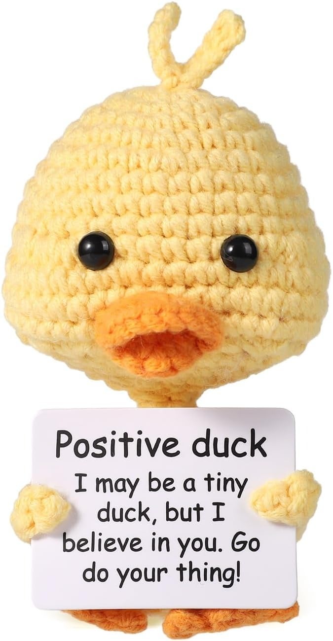 Happy Threads Pocket Duck Plush with Inspirational Message Card, Handmade Crochet Emotional Support Keepsake, Cute Desk & Shelf Décor, Small Cheer-Up Gift for Friends, Kids & Partners - Image 1
