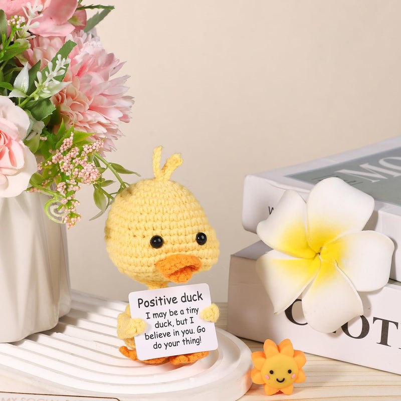 Happy Threads Pocket Duck Plush with Inspirational Message Card, Handmade Crochet Emotional Support Keepsake, Cute Desk & Shelf Décor, Small Cheer-Up Gift for Friends, Kids & Partners - Image 5